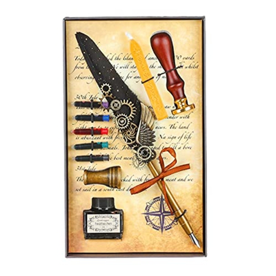 DIIDII Mechanical Gear Quill - Caja de regalo de papelería, juego de sellos de pintura de fuego vintage, pluma de firma de puntas reemplazables, se pu