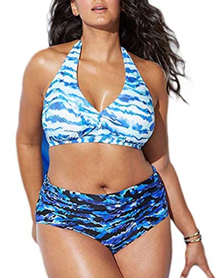 Joligiao Bikinis Mujer Conjunto de Bañador Dos Piezas Traje de Baño Tallas Grandes Acolchado de Cintura Alta Bikini Estampado Playa Verano Tankini (Az