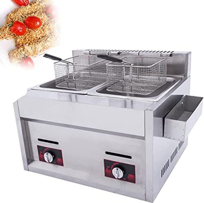 JIADUOFU Freidora Comercial Gas - Freidora de Grasa de Acero Inoxidable Tanque Doble 10Lx2 - con Tapas y cestas Sartenes Fritas Tocino Freidora Huevos