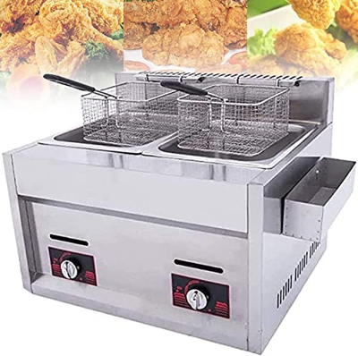 JIADUOFU Freidora Doble Cilindro Gas Comercial para Exteriores, Freidora Acero Inoxidable 2 X 10 L para Trabajo Pesado con 2 Cestas para Freír Y Tapas