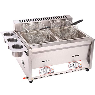 CHUYONGJIN Freidora de Gas de Doble Cilindro de 16 l,freidora de Gas de Acero Inoxidable Comercial con Cuchara de Cesta para encimera de Restaurante C
