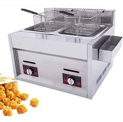JIADUOFU Freidora Gas Profesional, Freidora Encimera Acero Inoxidable, Freidora Doble Cesta Doble Cilindro, Capacidad Total: 10L+10l, para Restaurante