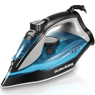 Homokasa Plancha de Vapor 3000W, Plancha de Ropa Vapor continuo de 50 g/min, Golpe de vapor de 220 g/min, Indicador LED，Suela de Cerámica, Azul/ Negro