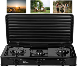 Zilan Cocina de gas de 3 fuegos, apta para 30/50 mbar, cocina de camping, vitrocerámica, gas, gas, gas propano, tapa extraíble, 3 llamas, taburetes en oferta