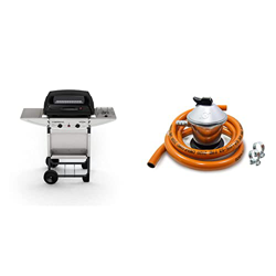 Campingaz Expert Deluxe Barbacoa gas piedra volcanica, parrilla gas con dos quemadores compactos y quemador lateral + Regulador gas butano + tubo goma características