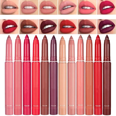 12 Color Handaiyan Rotating Sharpenable Matte Lipstick Pencils,Waterproof Lasting Wear Hydrating Smudge Resistant Velvety Feel Lipstick,Non-stick Cup 