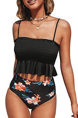 CUPSHE Conjunto de Bikini Bandeau Fruncido Cintura Alta Traje de Baño de Dos Pieza, Negro, M