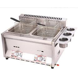 lxiluv Freidora De Gas Comercial De Doble Tazón, Freidora De Gas De Encimera De Acero Inoxidable De 12l con Especiero Y 2 Cestas, Fácil De Limpiar Y D características