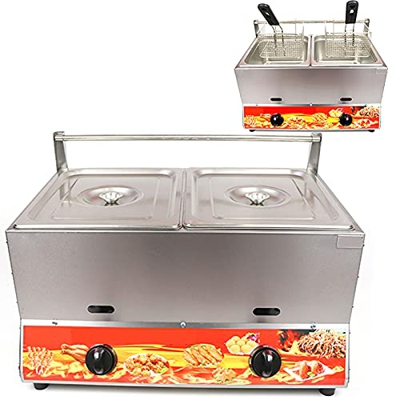 Freidora de gas comercial profesional, freidora dual de 22L de gran capacidad, potencia de fuego ajustable, con canastas y tapa, 304 acero inoxidable 