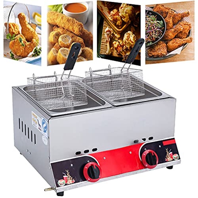 Freidora de gas comercial, Lpg Freidora de gas de la encimera, acero inoxidable, freidora dual de 22L a gran capacidad, con canastas extraíbles, poten