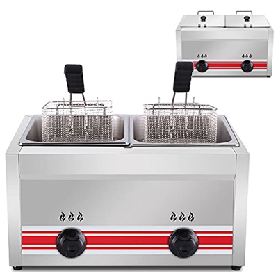 FETION Freidora Profunda de Gas de Doble Cilindro Comercial de 20L, 20L, Control de Temperatura Independiente, Acero Inoxidable Lpg Freidora, con 2 ca