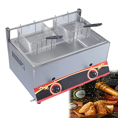Freidora de gas de gran capacidad, acero inoxidable Lpg Freidora for potencia de fuego ajustable en casa y comercial, con canastas y tapas, for papas 