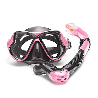Gafas de Buceo Juego de esnórquel seco Antiniebla Vidrio templado Silicona líquida Máscara de buceo rosa Juego de esnórquel Snorkel seco completo for 