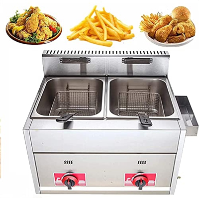 JIADUOFU Freidora Comercial Gas - Freidora de Grasa de Acero Inoxidable Tanque Doble 8Lx2 - con Tapas y cestas Sartenes Fritas Tocino Freidora Huevos 