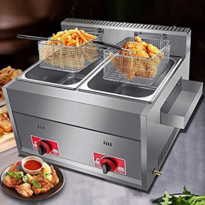 Freidora De Gas De 20 L, Freidora De Gas LPG De Encimera De Acero Inoxidable con Cesta Y Tapa, Freidoras De Chips, Potencia De Fuego Ajustable para El