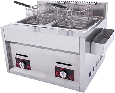 Freidora a Gas Profesional,Freidora de Gas Comercial de Doble Cilindro de 20L,Freidora de Gas multifuncin de Acero Inoxidable, con cestas y Tapas y Ba