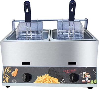 Freidora a Gas de Gran Capacidad,Freidora LPG de Acero Inoxidable 6L * 2,Freidora de Grasa Profunda de Acero Inoxidable con Cesta para encimera con ce