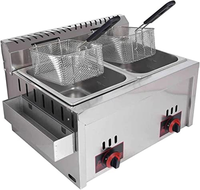 Freidora a Gas Profesional,Freidoras comerciales de Doble Tapa 6Lx2, Freidora de encimera de Acero Inoxidable Freidora Multifuncional de Doble Cilindr