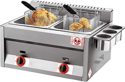 Freidora a Gas Profesional,Freidora de Gas de Doble Cilindro de Acero Inoxidable 20L,Alta Capacidad freidora a Gas Profesional con Pala de Cesta,para 