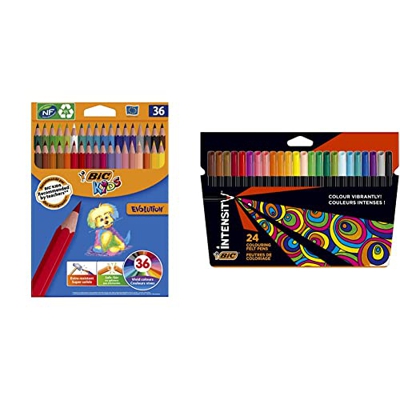 BIC Kids Evolution - Lápices para colorear, blíster de 36 unidades + Intensity, Rotuladores de Punta Fina (0.9 mm) para Colorear, No se secan, Colores