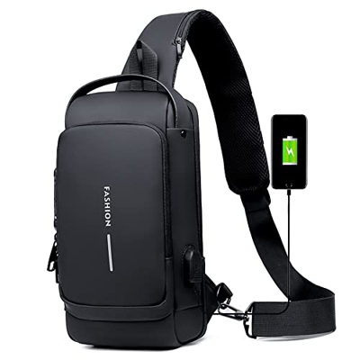 Anti Theft Crossbody Sling Bag,Natural Waterproof Shoulder Backpack, Men's Lightweight Shoulder Chest Crossbody Bags with USB Charging Port (Black)