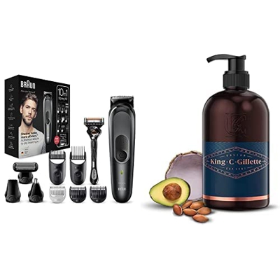 Braun Recortadora de barba 10 en 1, máquina cortar pelo con tecnología Autosense y maquinilla Gillette + KING C. GILLETTE Gel para barba y rostro homb