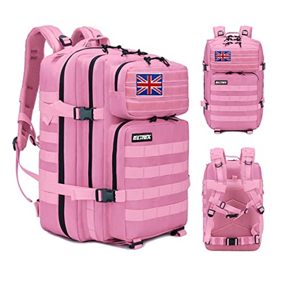 ELITEX Mochila 45L Táctica Militar Bandera Reino Unido Impermeable Deportiva Caza Aire Libre Deportes Gimnasio Portatil Oxford 900D (Rosa)