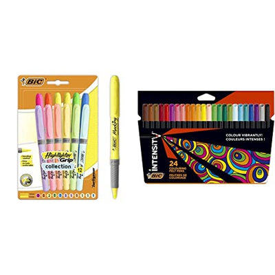 BIC Highlighter Grip Marcadores de Punta Biselada Regulable - Colores en Tonos Intensos y Pastel, Pack de 12 + Intensity, Rotuladores de Punta Fina (0