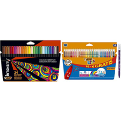 BIC Intensity, Rotuladores de Punta Fina (0.9 mm) para Colorear, No se secan, Colores Surtidos, Pack de 24 unidades + Kids Rotuladores Lavables para N precio
