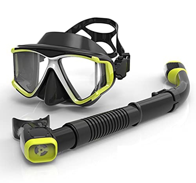 QHYXT Juego de máscara de esnórquel, Juego de esnórquel para Adultos con esnórquel Superior seco antifugas, máscara de Buceo, Correa de Falda de Silic