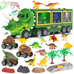 Aoskie Camión Transportador de Dinosaurio con Luz y Sonido, 3 Juguetes Coches, 12 Mini Dinosaurio para Niños 3+ años características
