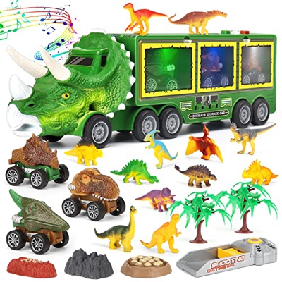 Aoskie Camión Transportador de Dinosaurio con Luz y Sonido, 3 Juguetes Coches, 12 Mini Dinosaurio para Niños 3+ años