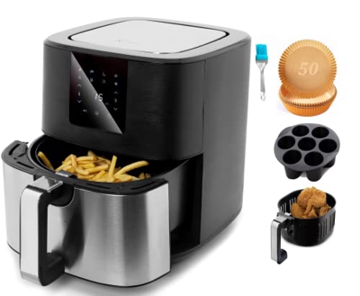 KORBES Freidora sin aceite de Aire Capacidad de 5.5 L, 8 Programas de Cocción, Pantalla LED táctil, Cesta Antiadherente,1500W, en Color Negro Metal, I