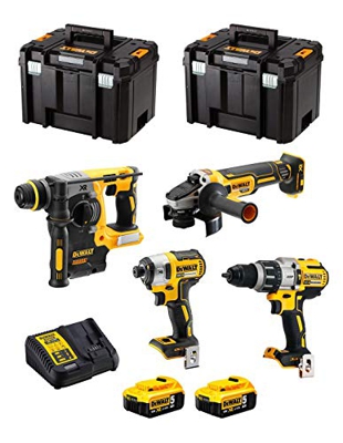 DeWALT Kit DWK401 (Taladro Percutor DCD996 + Martillo Perforador DCH273 + Mini-Amoladora DCG405 + Atornillador de Impacto DCF887 + 2 Baterías de 5,0 A