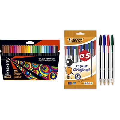 BIC Intensity, Rotuladores de Punta Fina (0.9 mm) para Colorear, No se secan, Colores Surtidos, Pack de 24 unidades + Cristal Original Bolígrafos Punt