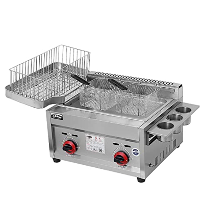 Kidsinwe Freidora De Gas De Dos Tanques Comerciales De 12L con Temporizadores De Cesta Restaurante Temperatura Ajustable Cestas Y Tapas De Tanque De A