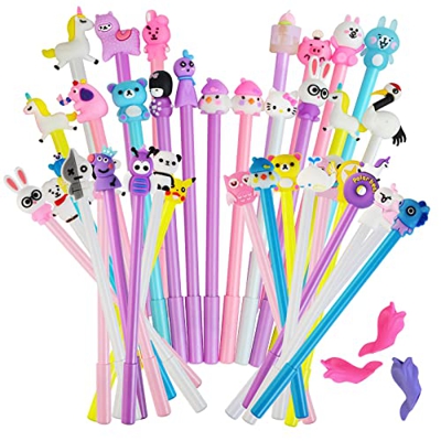 Olkoy 40 Bolígrafos Gel Negro de Dibujos Animados y 3 Soporte de Corrector, 0.5mm Boligrafos Bonitos Animales, para Colegio,Regalo Fiestas cumpleaños 