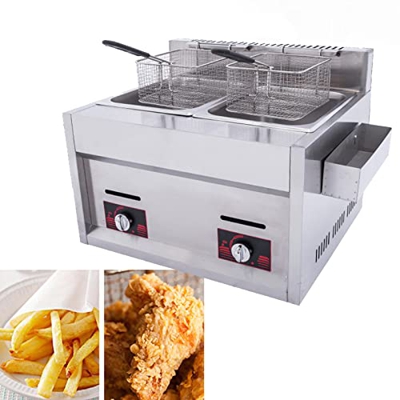 Niczu Freidora de Gas Comercial, Tanque de Freidora de Gas de Doble Cilindro de 20L Pollo Frito de Acero Inoxidable Papas Fritas con Cesta para Restau