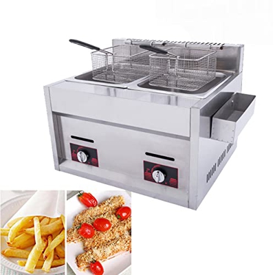Niczu Freidora de Gas para Restaurante Comercial Cocina Casera, 20L Freidora de Gas de Doble Cilindro Tanque Acero Inoxidable Pollo Frito Papas Fritas