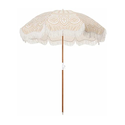 Sombrilla de Exterior con borlas, sombrilla Plegable de Pino para Patio con pivote, Mesa Exterior y sillas, sombrilla de Playa con Columna Central