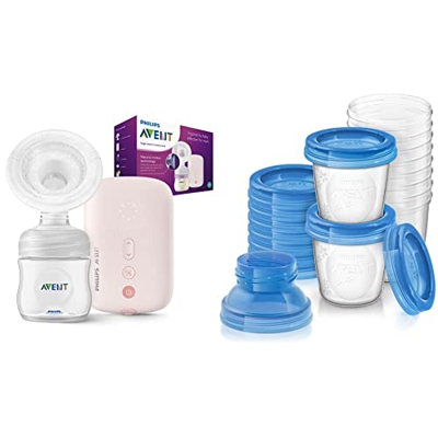 Philips Avent Extractor de leche eléctrico (modelo SCF395/11) + Set de recipientes para leche materna (10 recipientes + 10 tapas + 2 adaptadores)