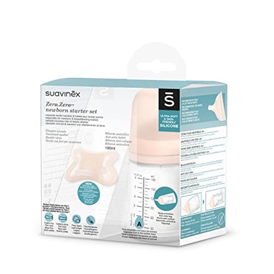 Suavinex - Set Recién Nacido Zero Zero (biberón de 180 ml con tetina de flujo adaptable y chupete mini Zero Zero para bebés de -2 a 2 Meses, Hipoalerg