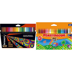 BIC Intensity Rotuladores de punta fina, no se secan, pack de 24 unidades + Kids Ceras de Colores para Niños, Óptimo para material escolar,Plastidecor en oferta