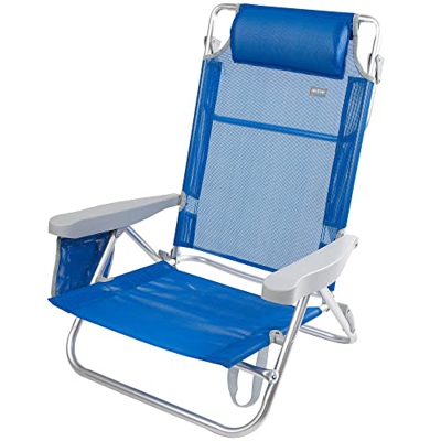 AKTIVE 62657 - Silla de Playa Plegable con Respaldo XL, Silla Piscina Plegable reclinable con 7 Posiciones, reposabrazos y cojín Acolchado, Medidas 48