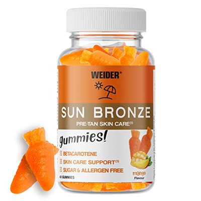 Weider Sun Bronze Gummies te ayudan a potenciar el bronceado protegiendo tu piel. Con betacaroteno, luteína y Zeaxantina. Sin azúcar. Libre de alérgen