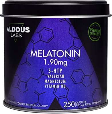 250 Cápsulas de Melatonina 1,90mg - 250 Noches (+8 meses) | Con 5HTP, Magnesio, Valeriana, Vitamina B6 - Pastillas para Dormir Bien, Reducir Estrés y 