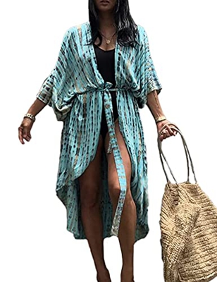 HYUET Mujer Kaftan Vestido de Playa Tie Dye Algodón Cárdigan Maxi Kimono Pareos y Camisola Camisas Playa Bohemia Boho Suelto Verano Traje de Baño Biki