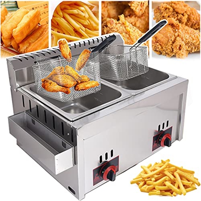 松集 Freidora De Gas Comercial, Olla para FreíR Francesa De Doble Tamiz De Doble Cilindro De 12 L, Desmontable + Temperatura Ajustable, para Restaurante