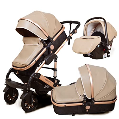 Silla de paseo, cochecito 4 en 1 con bolsa para mamá, material de lujo de alta vista/conjunto de silla de paseo (Champán dorado)