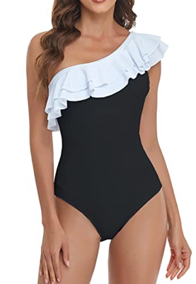 NLAND Traje de Baño Una Pieza para Mujer Bañador para Mujer Volante de un Hombro Conjunto de Bikini Push Up Acolchado Traje de Baño(Blanco + Negro,L)